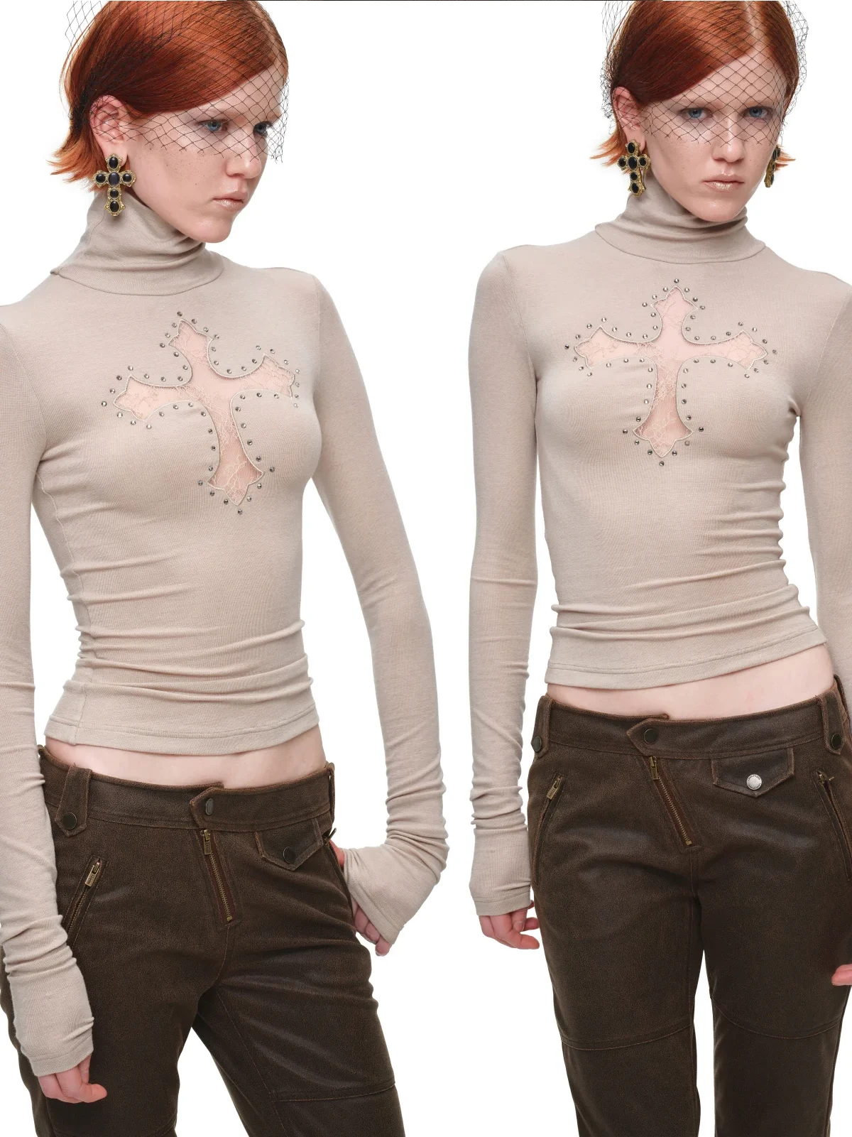1JINN lace cross rhinestone turtleneck