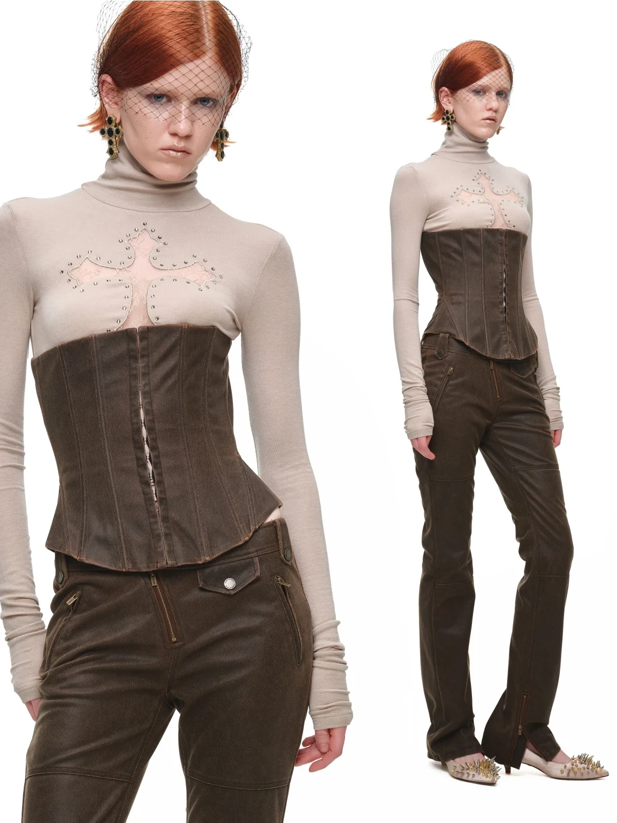 1JINN lace cross rhinestone turtleneck