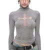 1JINN lace cross rhinestone turtleneck