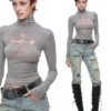 1JINN lace cross rhinestone turtleneck