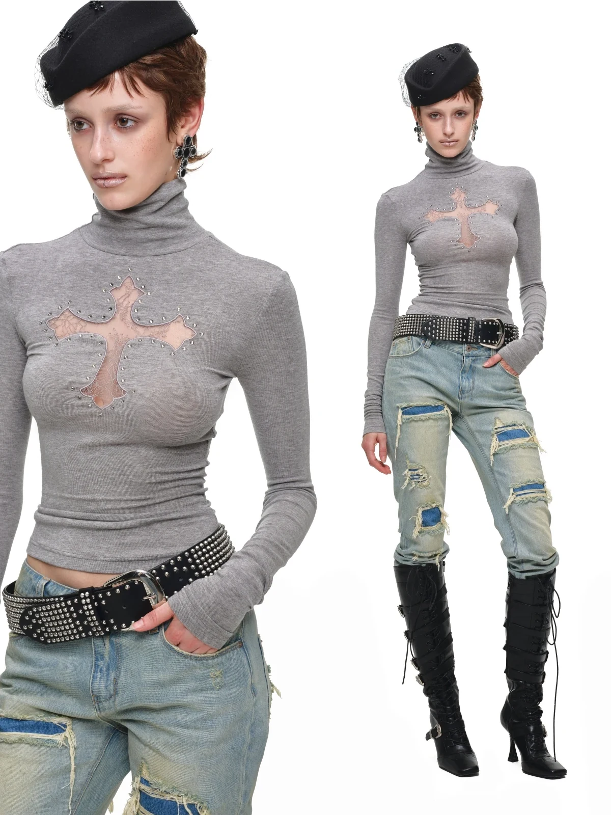 1JINN lace cross rhinestone turtleneck