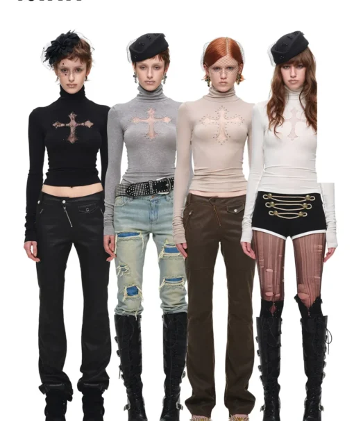 1JINN lace cross rhinestone turtleneck in black, gray, beige and white