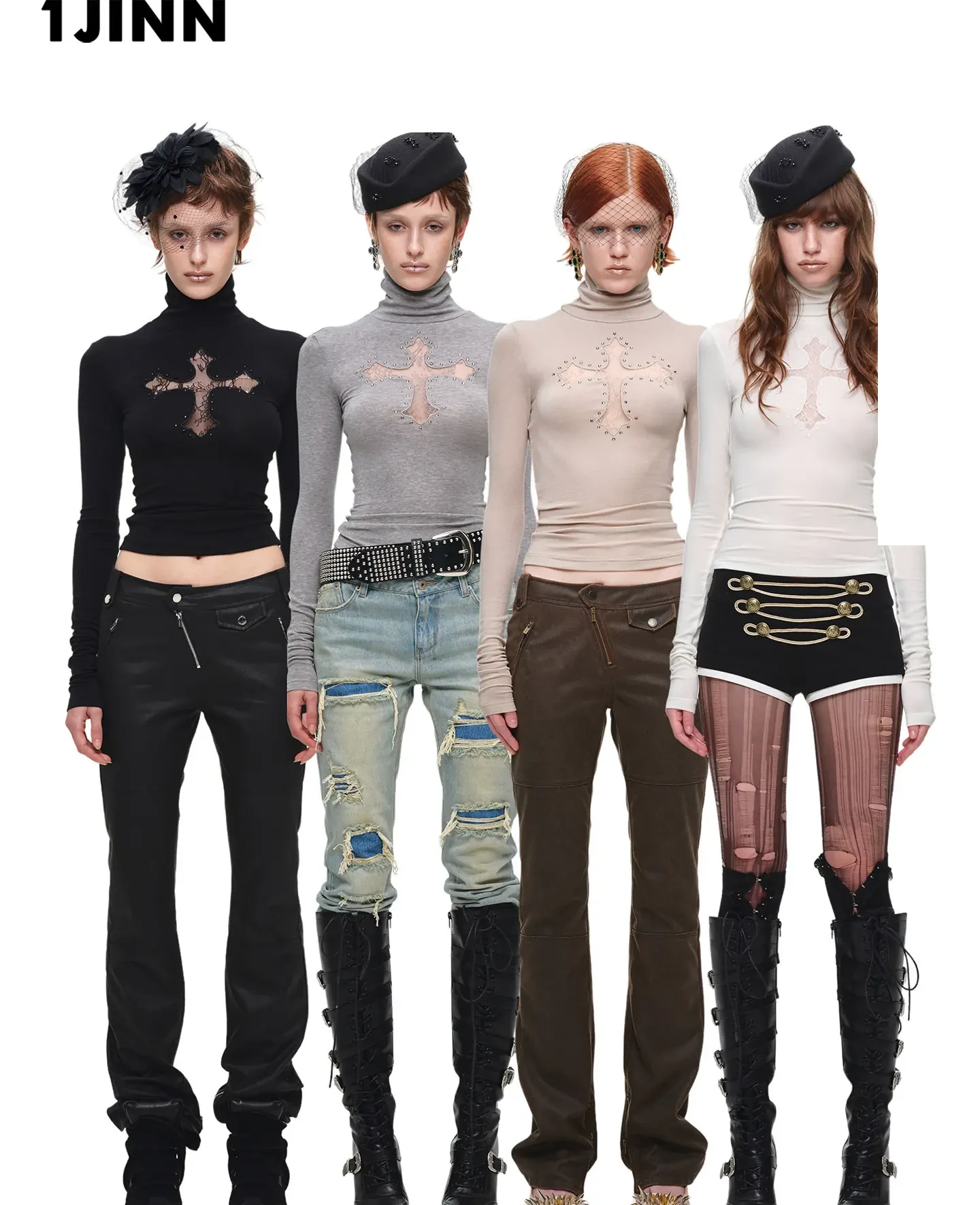 1JINN lace cross rhinestone turtleneck in black, gray, beige and white