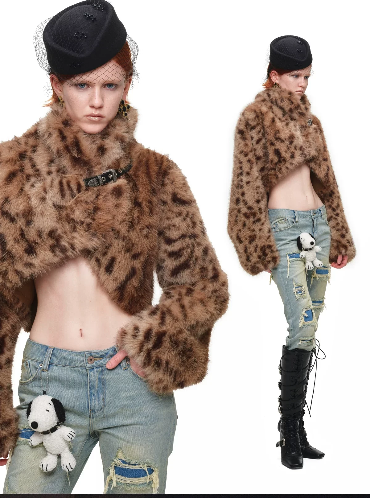 1JINN leopard faux fur cropped jacket
