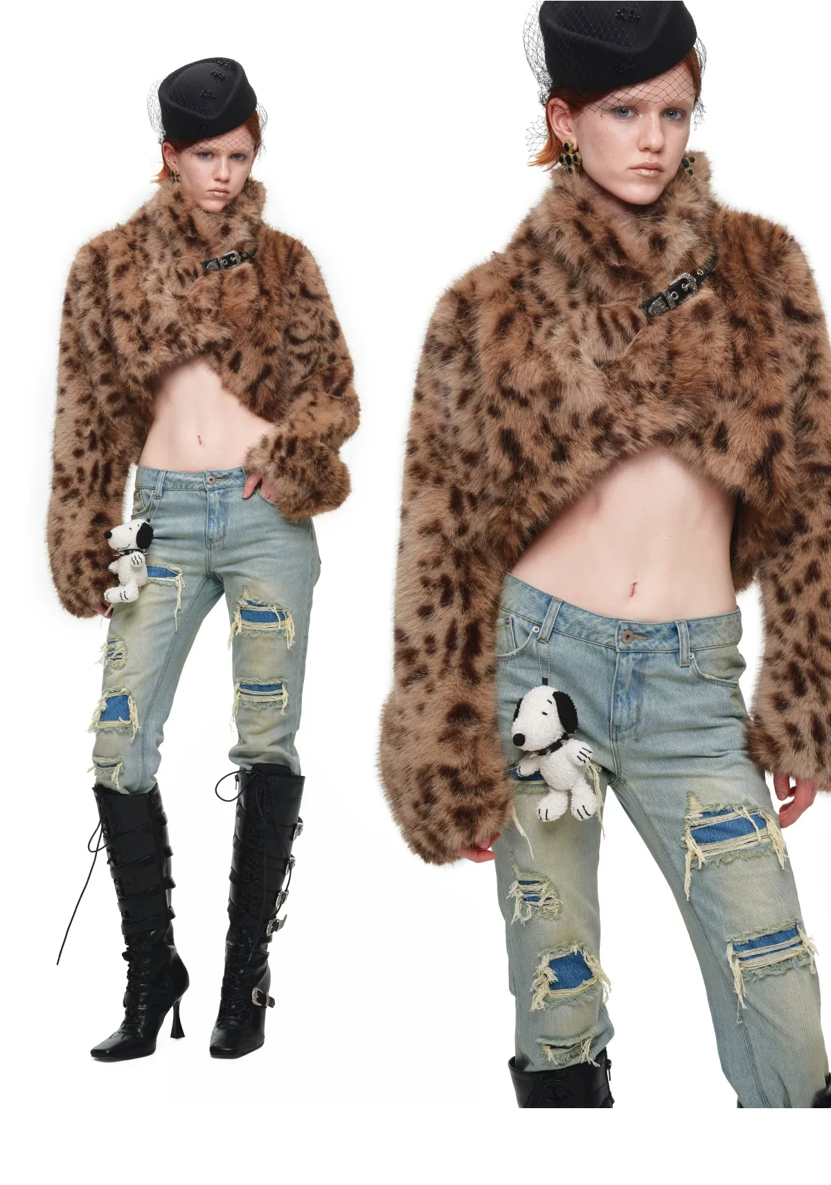 1JINN leopard faux fur cropped jacket