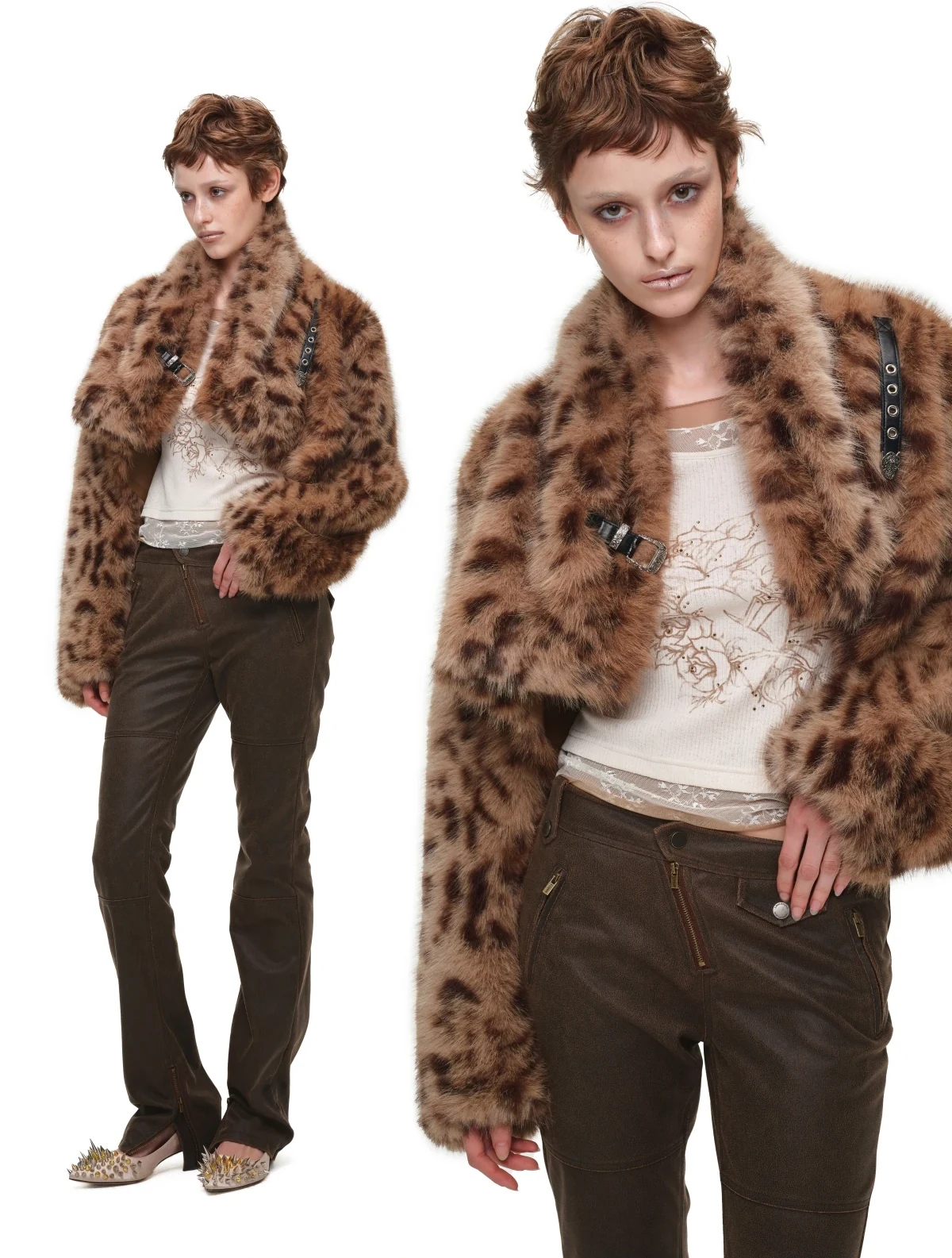 1JINN leopard faux fur cropped jacket