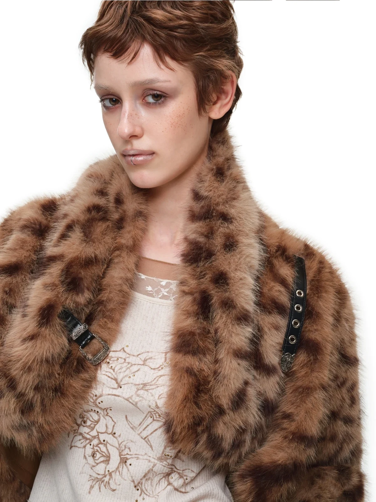 1JINN leopard faux fur cropped jacket