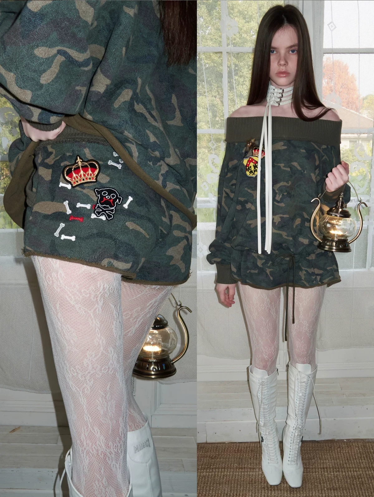1JINN off-shoulder camo sweatshirt