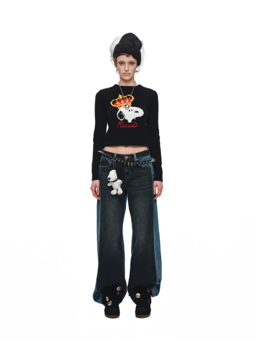 1jinn snoopy contrast panel embroidered straight jeans 3