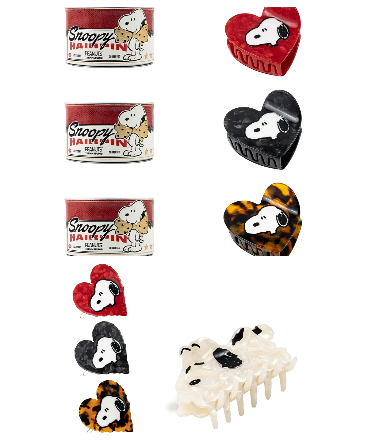 Snoopy heart acetate hair claws, clips and tins