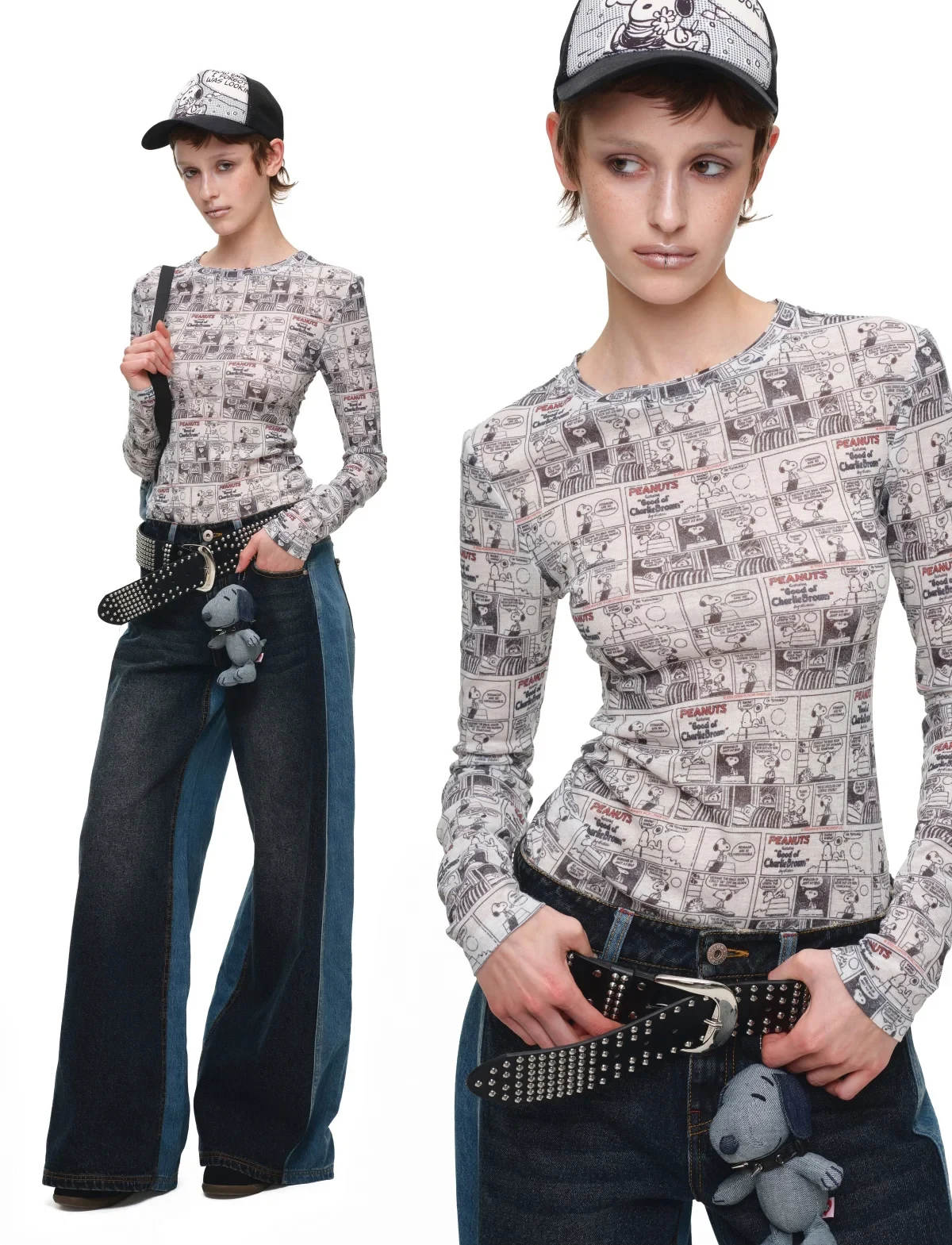 1jinn snoopy vintage newsprint sheer stretch top 7