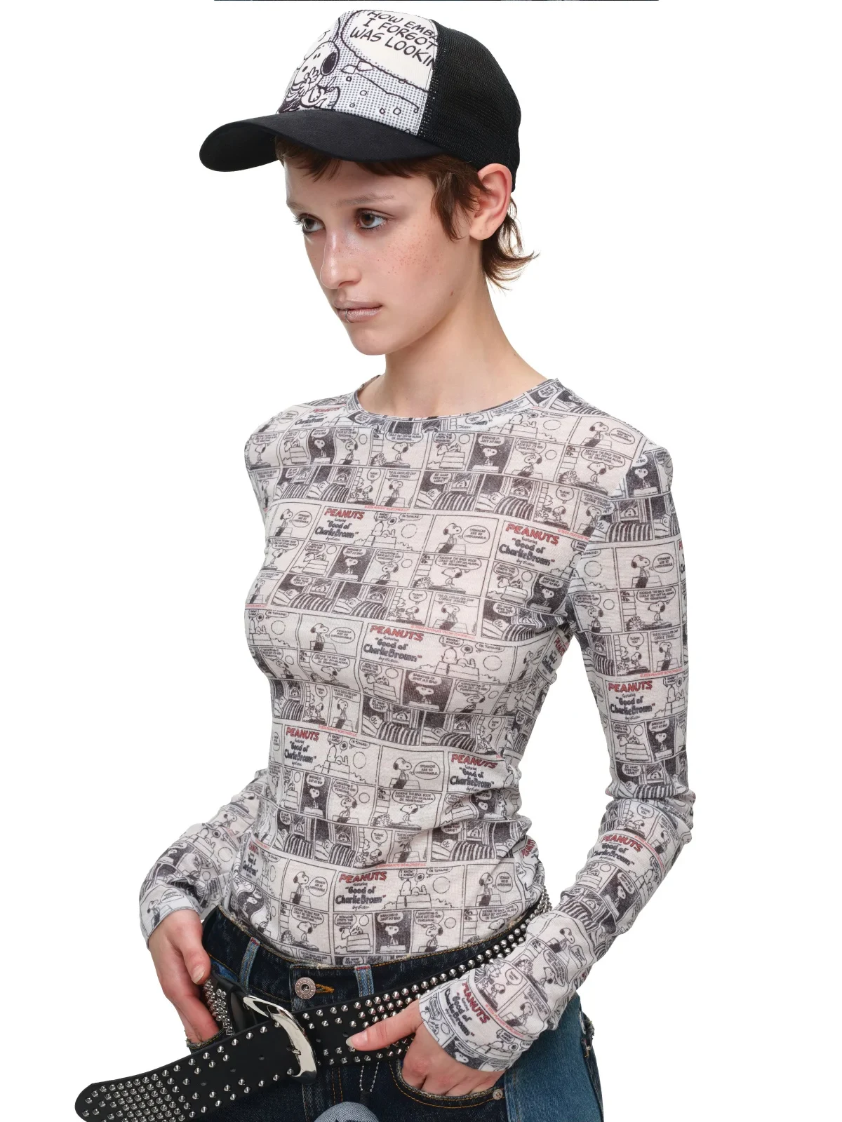 1jinn snoopy vintage newsprint sheer stretch top 13