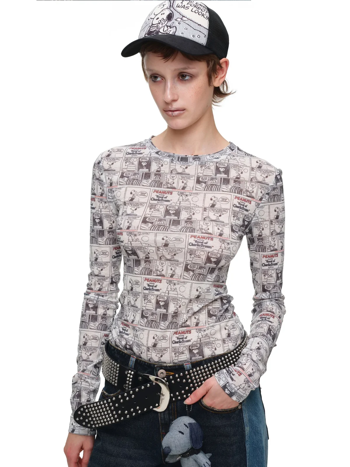 1jinn snoopy vintage newsprint sheer stretch top 14