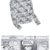 1jinn snoopy vintage newsprint sheer stretch top packshot and fabric detail