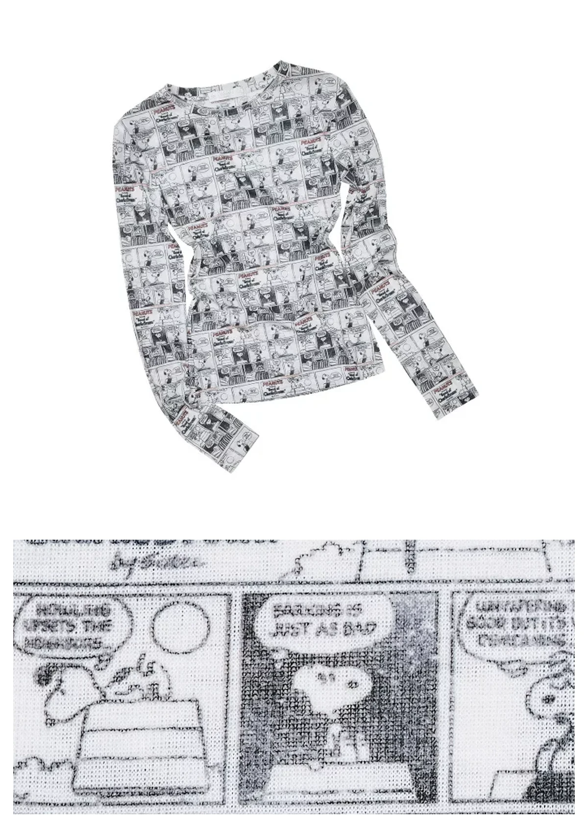 1jinn snoopy vintage newsprint sheer stretch top packshot and fabric detail