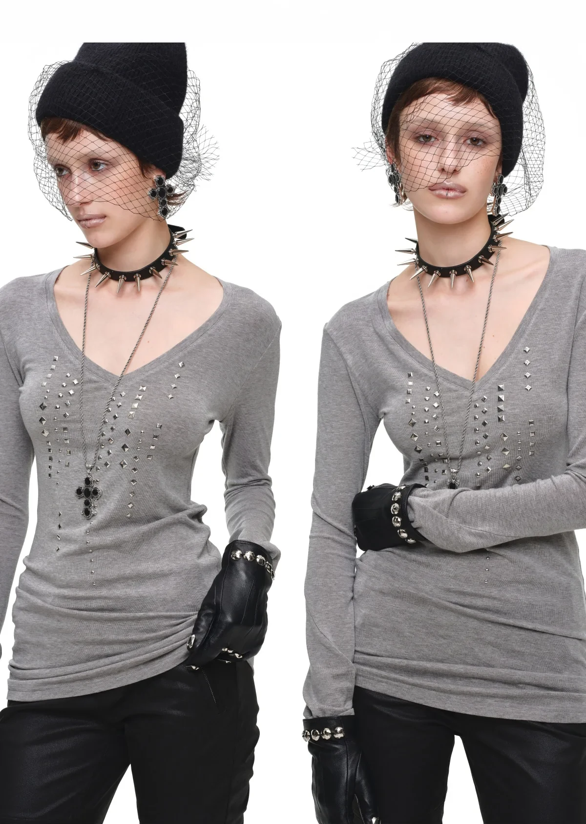 1JINN studded rhinestone V-neck knit top