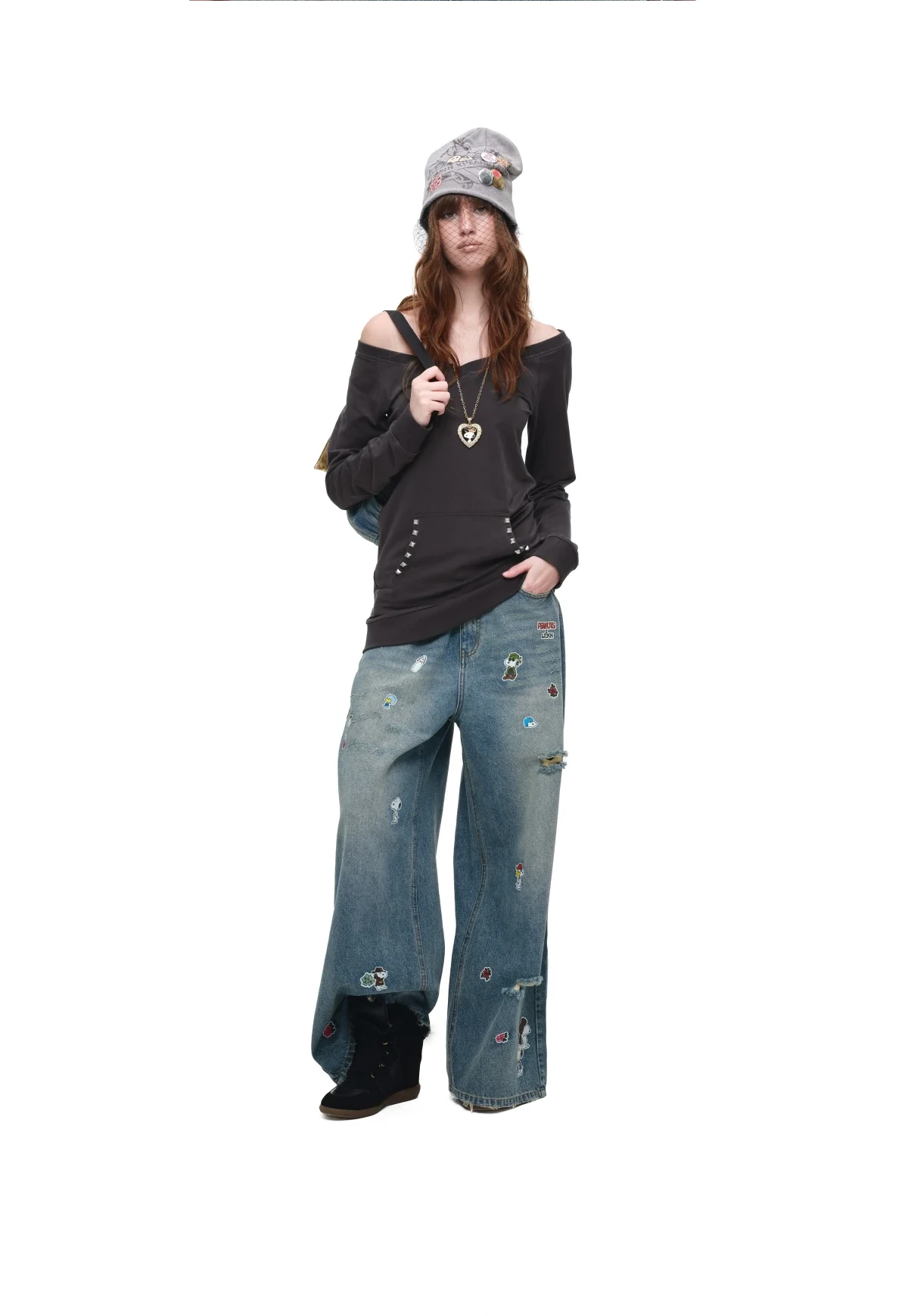 1jinn studded v neck off shoulder sweatshirt top 11