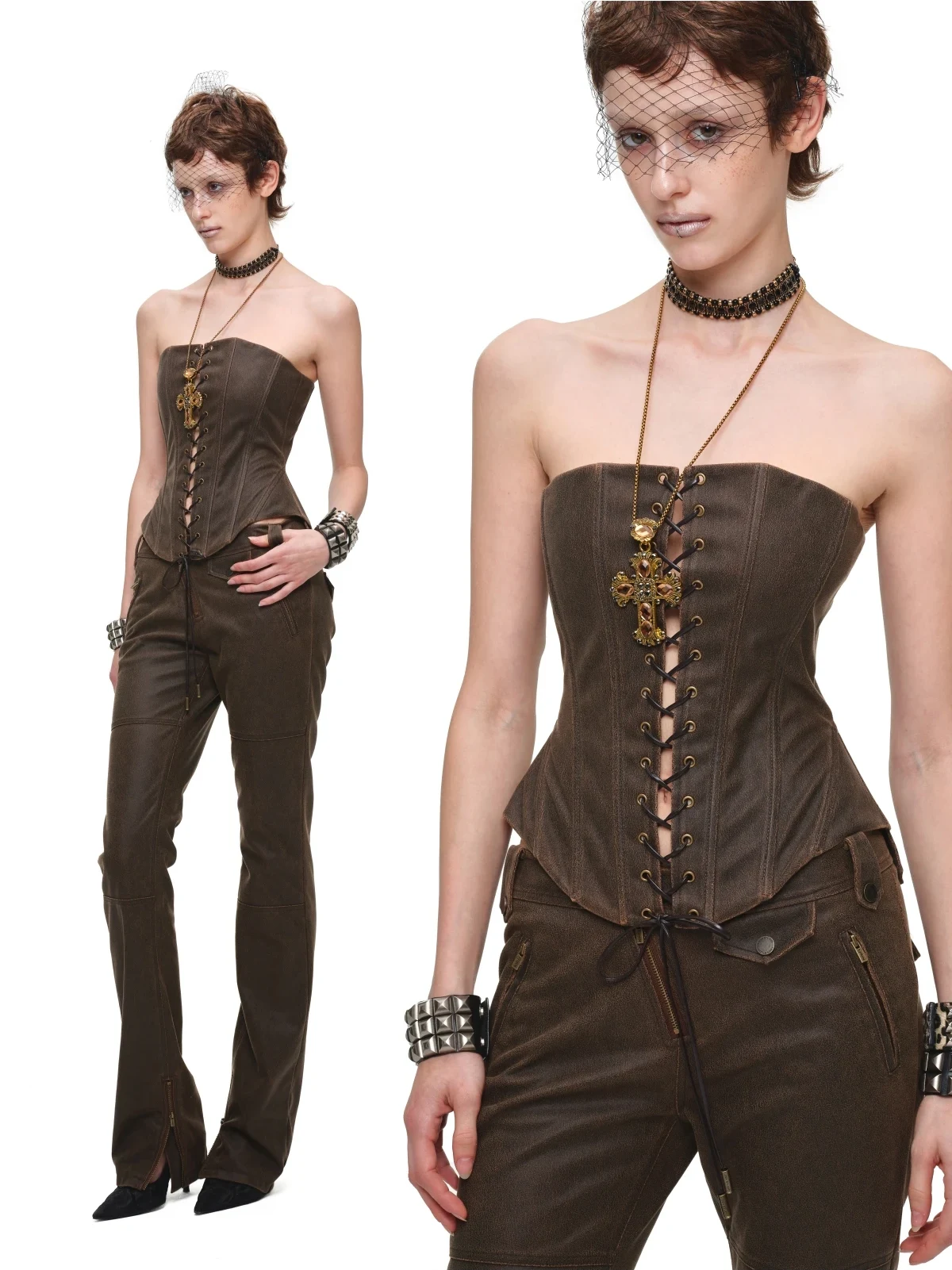 1jinn washed leather boned corset bustier 32