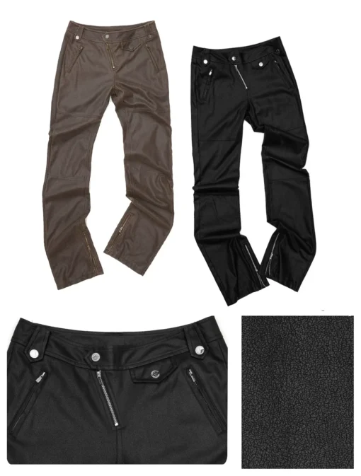 1jinn washed leather slim bootcut trousers packshot and fabric detail