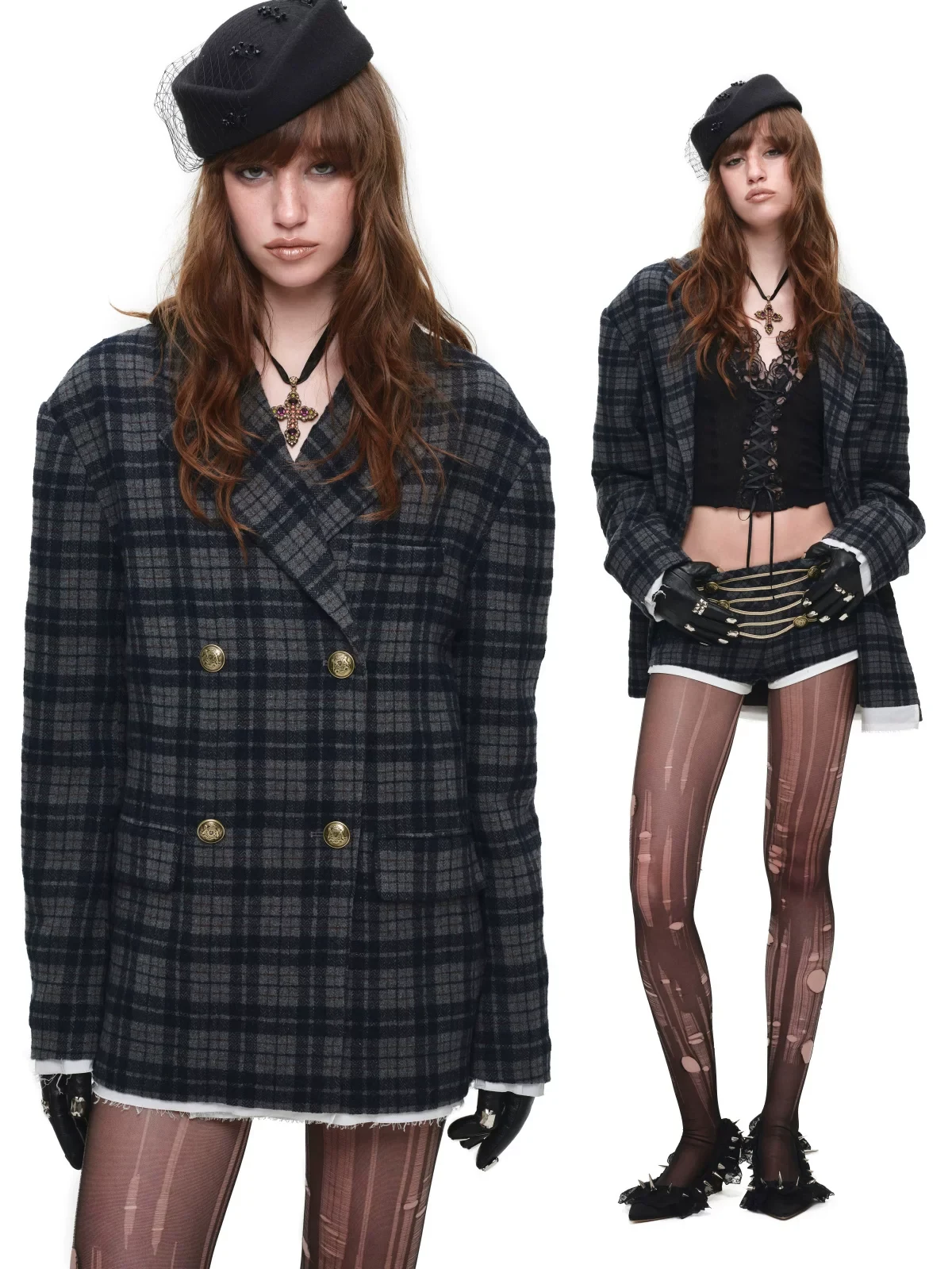 1jinn wool check napoleon laced shorts 12