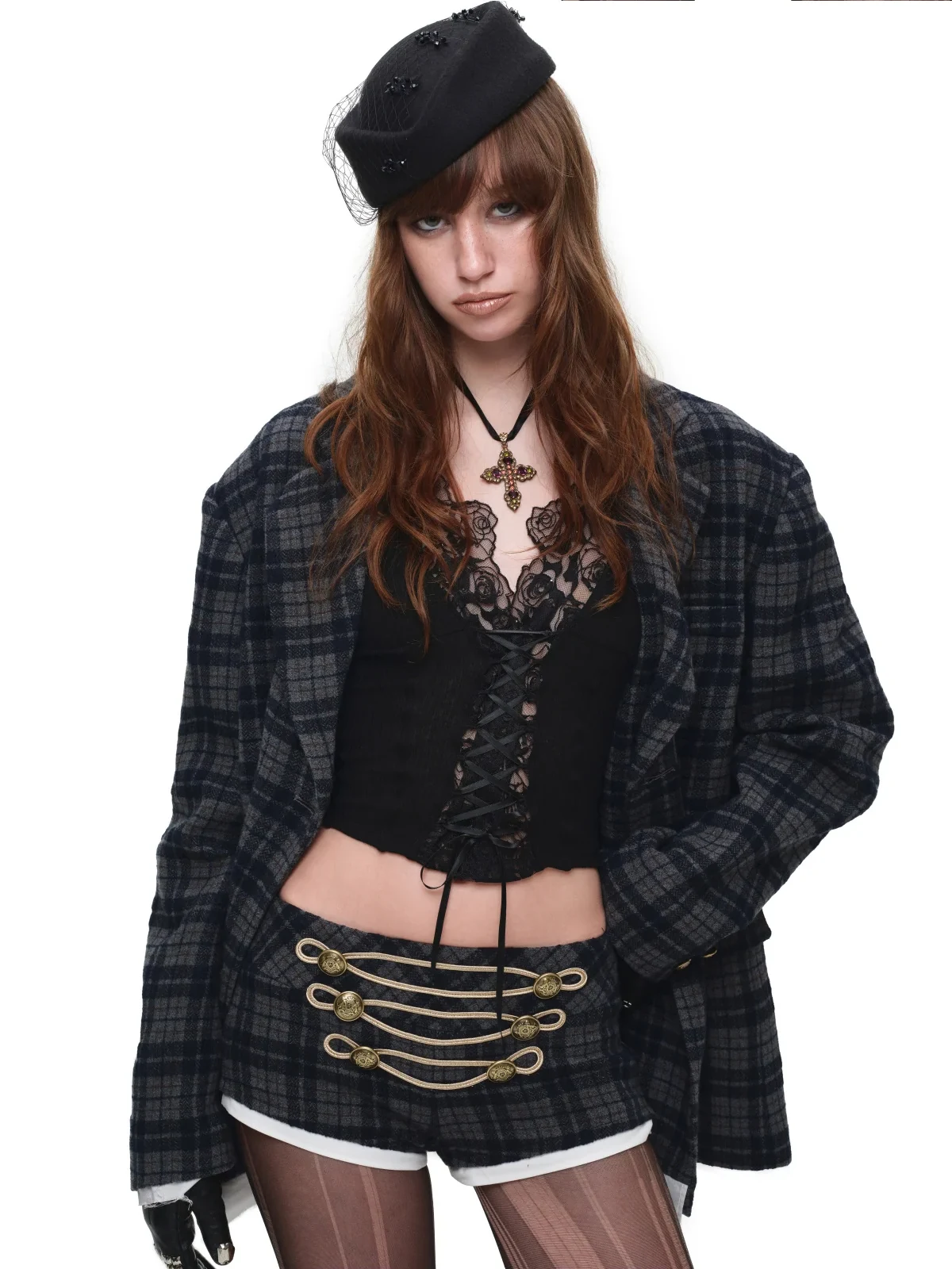 1jinn wool check napoleon laced shorts 15