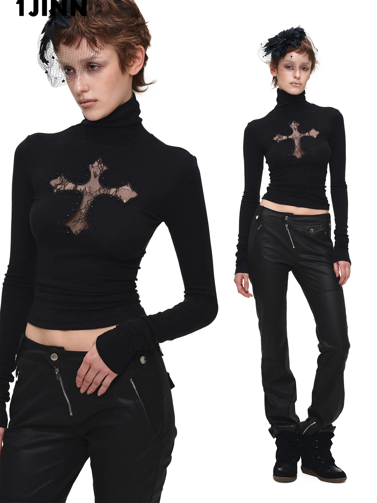 IN STOCK ♱ 1JINN LACE CROSS RHINESTONE TURTLENECK - 4colors - Image 4