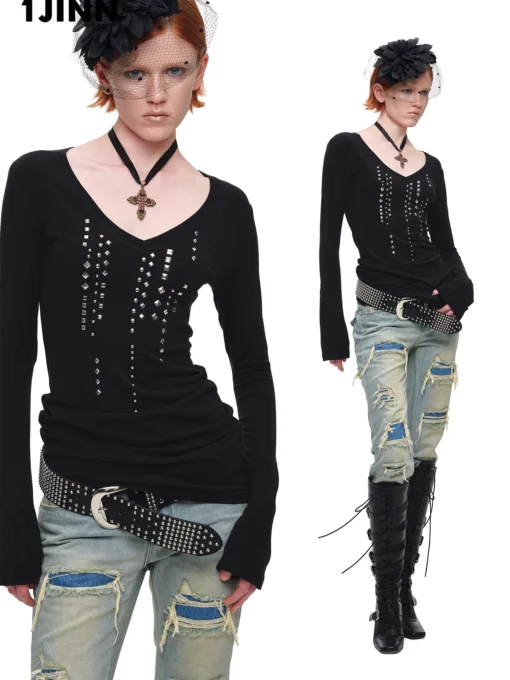 Alternative view of IN STOCK ♱ 1JINN STUDDED RHINESTONE V-NECK KNIT TOP - 3colors