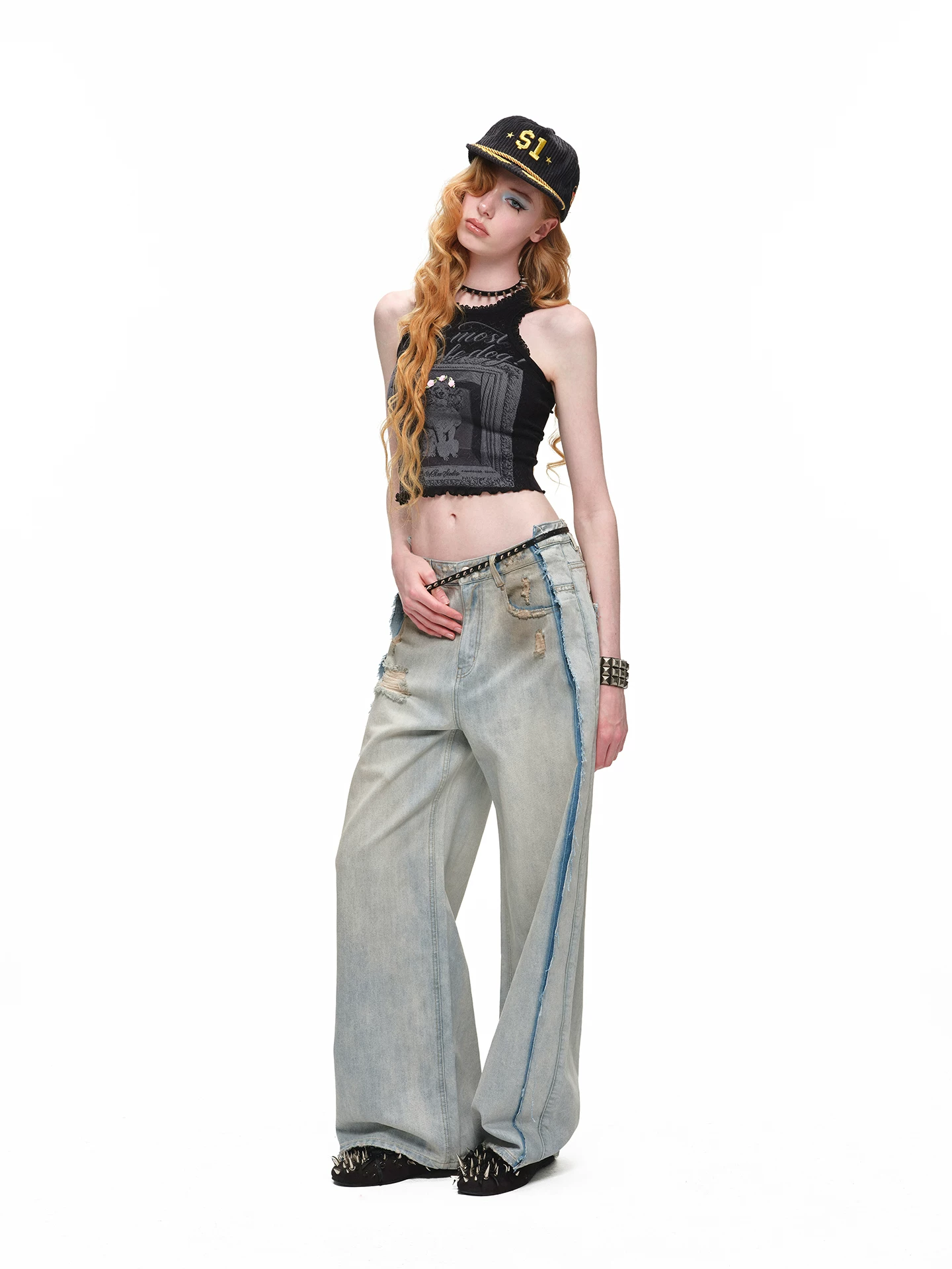 IN STOCK ♱ COMO DISTRESSED MUD-DYED WIDE-LEG JEANS - Image 2