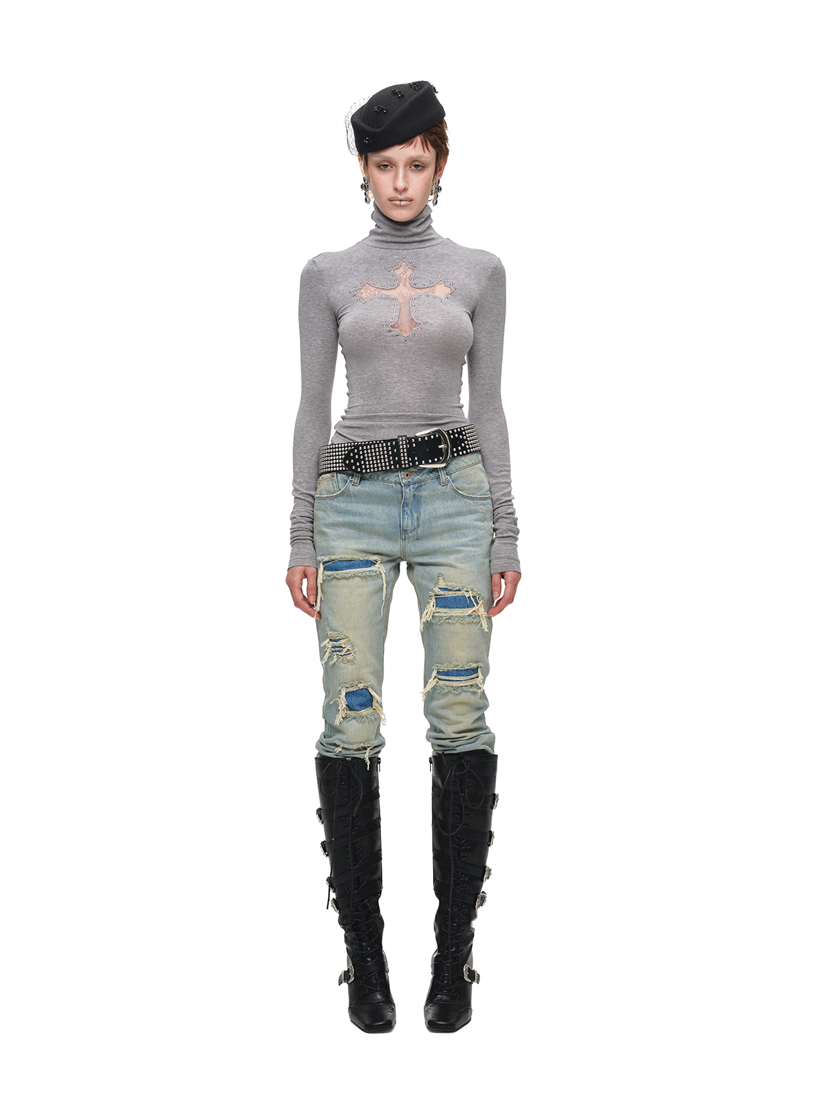 IN STOCK ♱ 1JINN LACE CROSS RHINESTONE TURTLENECK - 4colors - Image 25