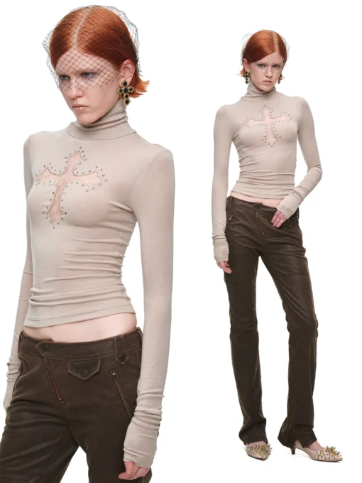 Alternative view of IN STOCK ♱ 1JINN LACE CROSS RHINESTONE TURTLENECK - 4colors