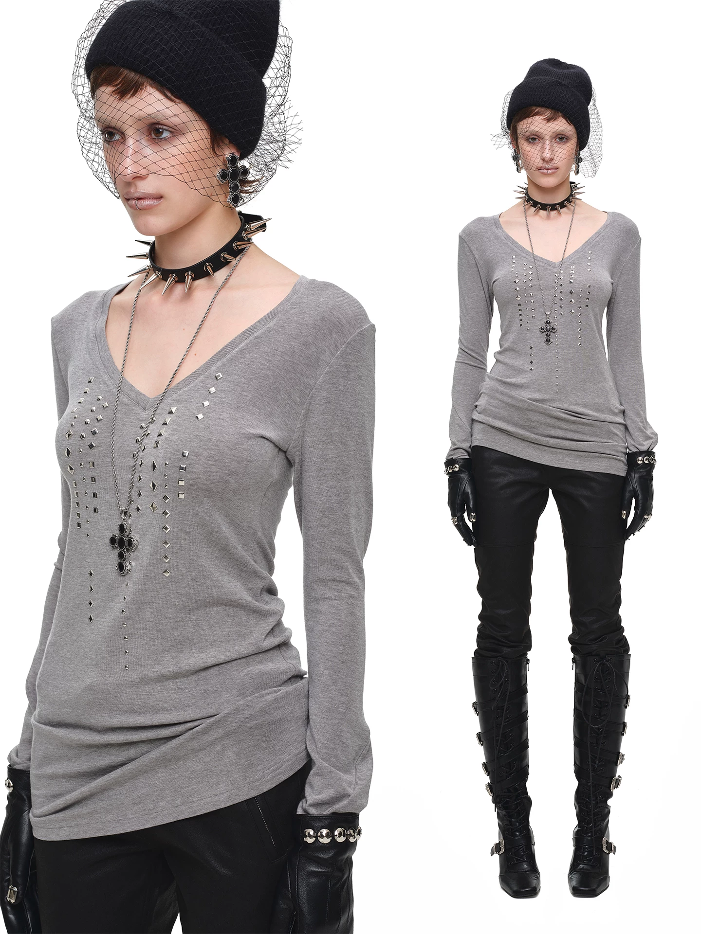 IN STOCK ♱ 1JINN STUDDED RHINESTONE V-NECK KNIT TOP - 3colors