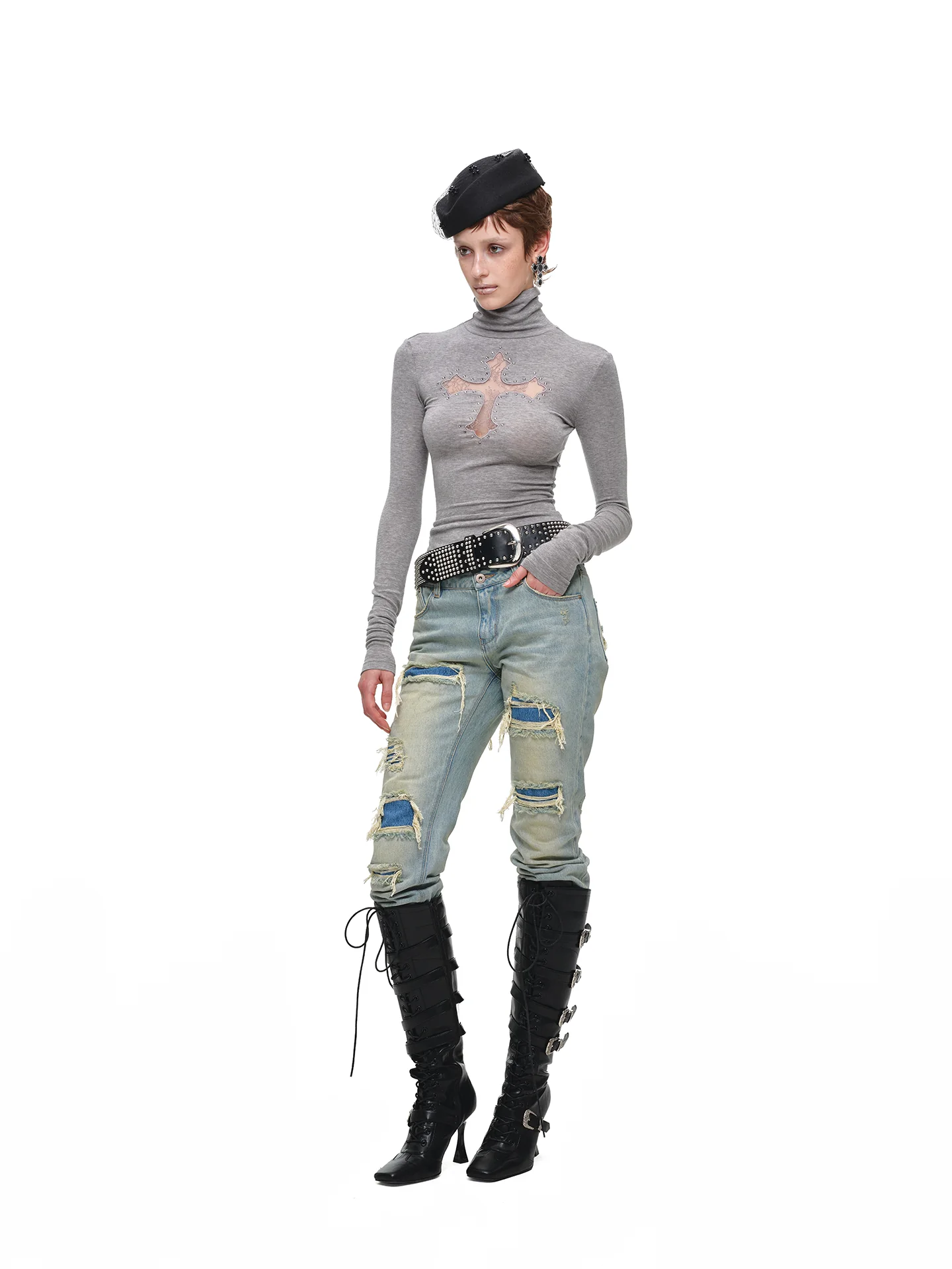 IN STOCK ♱ 1JINN LACE CROSS RHINESTONE TURTLENECK - 4colors - Image 5