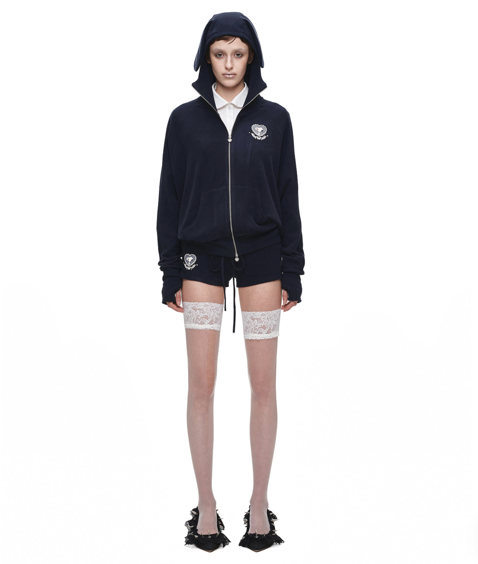 IN STOCK ♱ 1JINN BUNNY EAR ZIP-UP HOODIE & DRAWSTRING MINI SHORTS SET - 2colors - Image 2