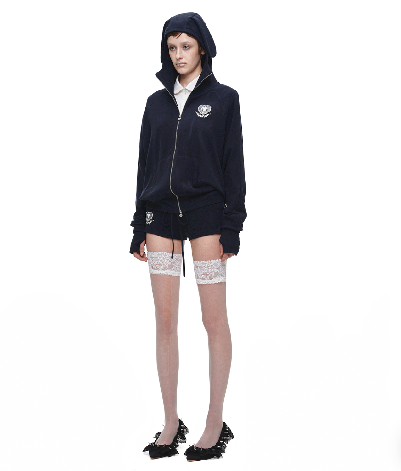 IN STOCK ♱ 1JINN BUNNY EAR ZIP-UP HOODIE & DRAWSTRING MINI SHORTS SET - 2colors - Image 3