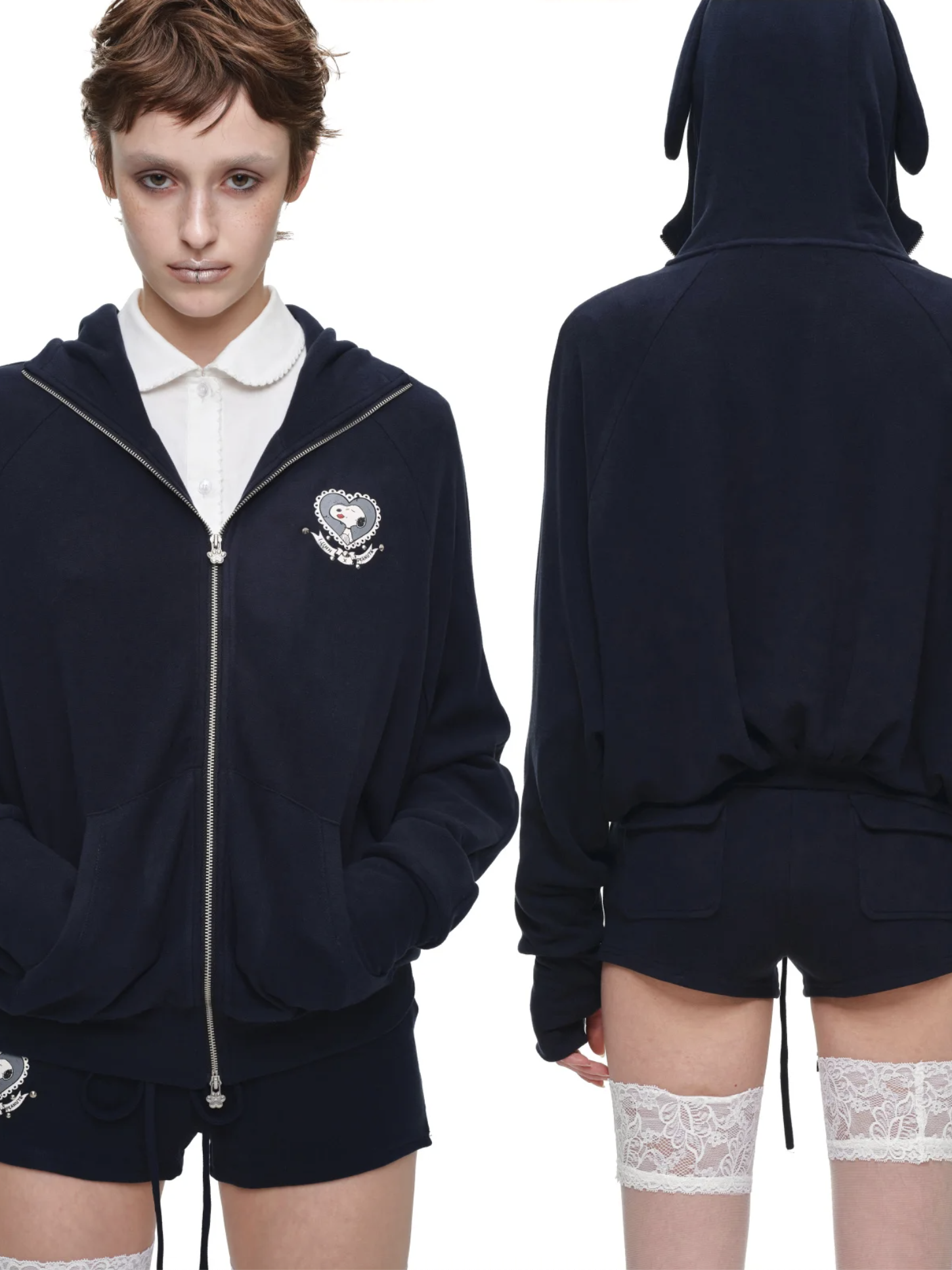 IN STOCK ♱ 1JINN BUNNY EAR ZIP-UP HOODIE & DRAWSTRING MINI SHORTS SET - 2colors - Image 9