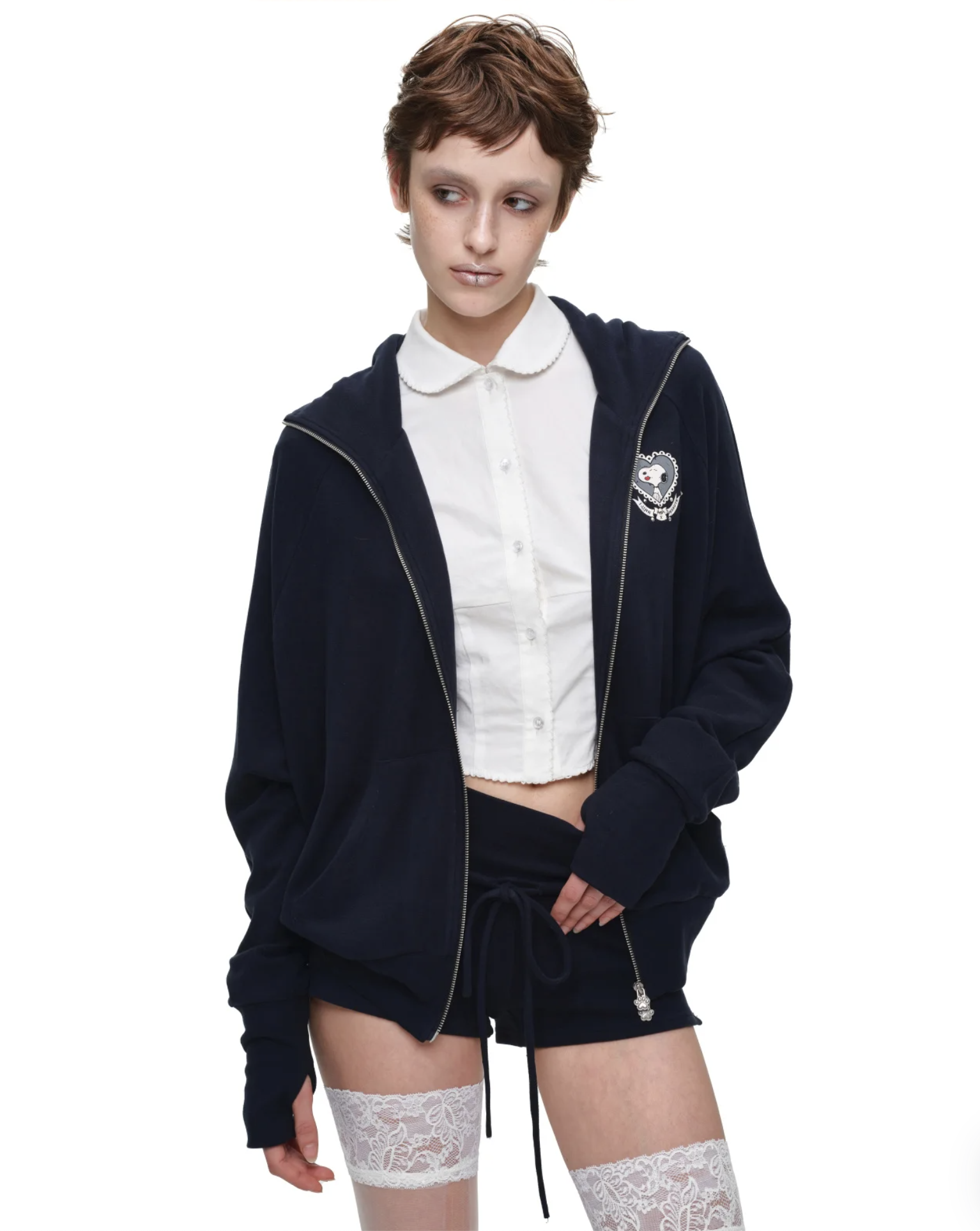 IN STOCK ♱ 1JINN BUNNY EAR ZIP-UP HOODIE & DRAWSTRING MINI SHORTS SET - 2colors - Image 12