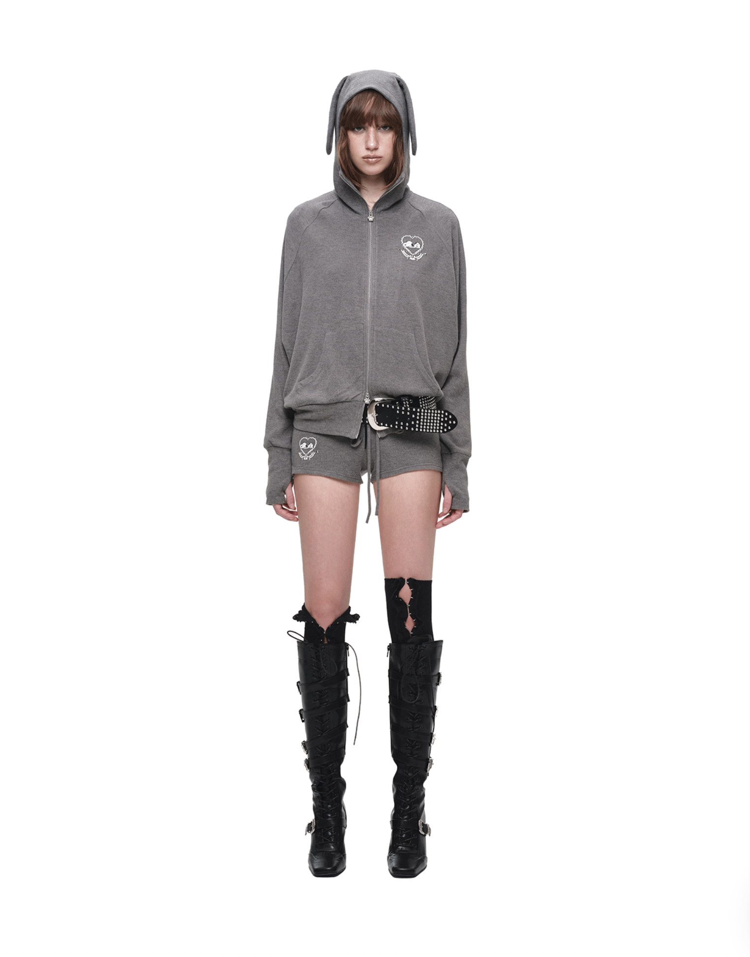 IN STOCK ♱ 1JINN BUNNY EAR ZIP-UP HOODIE & DRAWSTRING MINI SHORTS SET - 2colors - Image 14