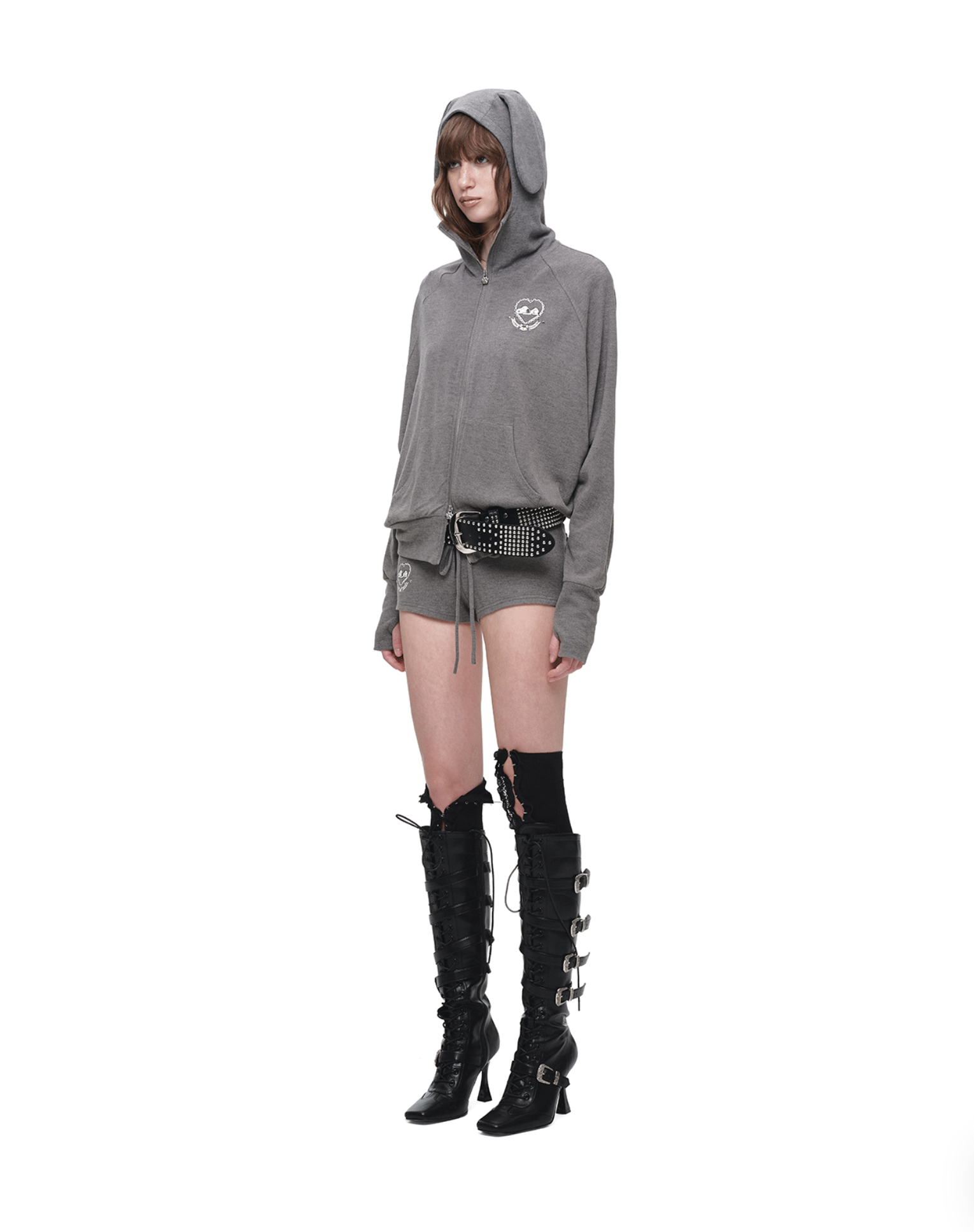 IN STOCK ♱ 1JINN BUNNY EAR ZIP-UP HOODIE & DRAWSTRING MINI SHORTS SET - 2colors - Image 15