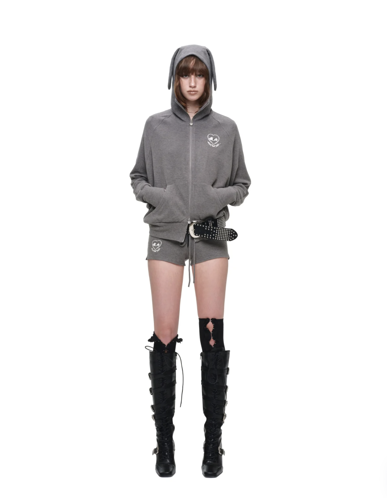 IN STOCK ♱ 1JINN BUNNY EAR ZIP-UP HOODIE & DRAWSTRING MINI SHORTS SET - 2colors - Image 19