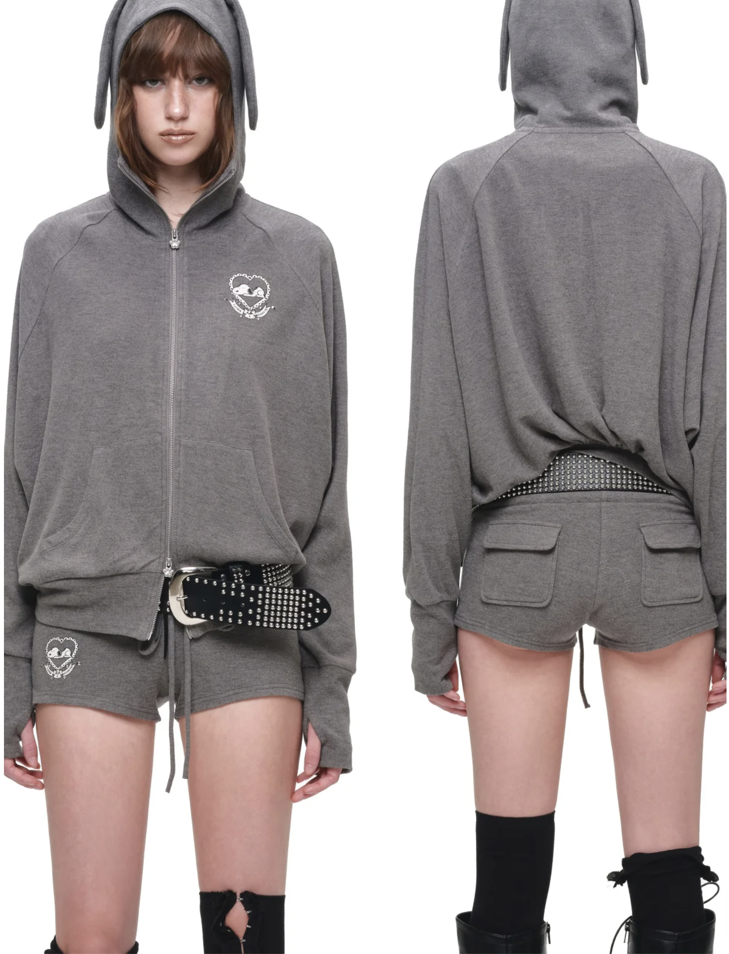 IN STOCK ♱ 1JINN BUNNY EAR ZIP-UP HOODIE & DRAWSTRING MINI SHORTS SET - 2colors - Image 21