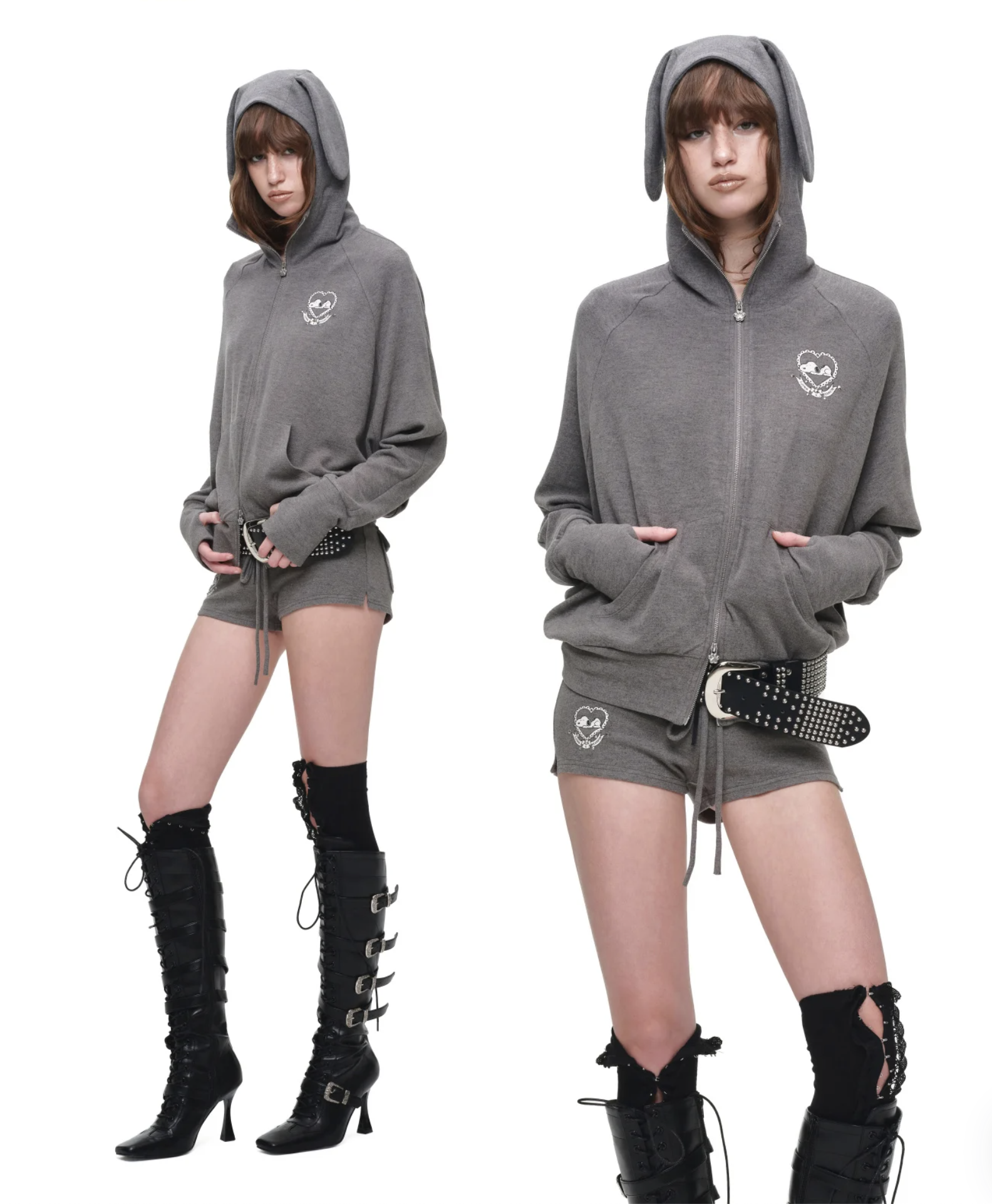 IN STOCK ♱ 1JINN BUNNY EAR ZIP-UP HOODIE & DRAWSTRING MINI SHORTS SET - 2colors - Image 18