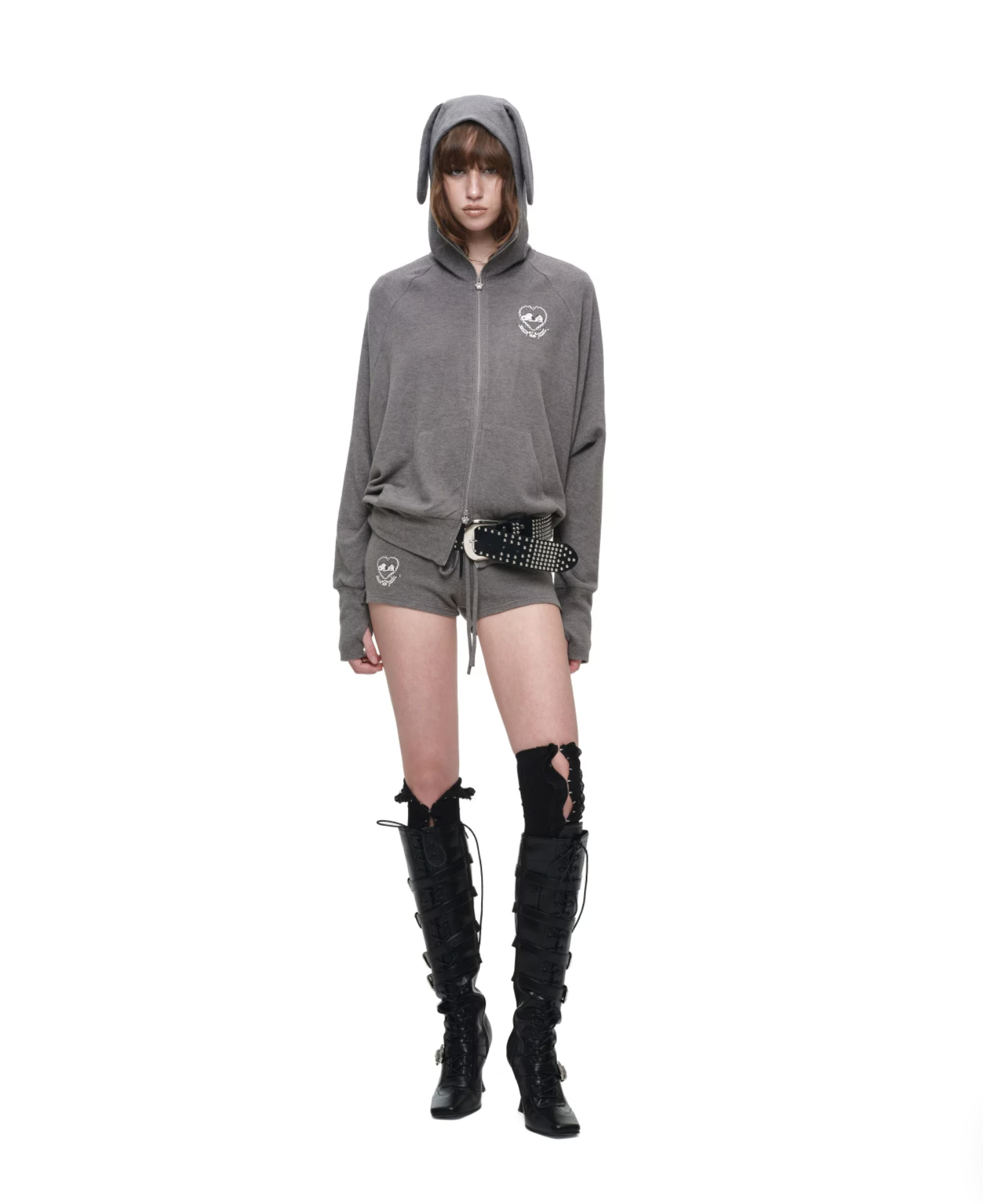 IN STOCK ♱ 1JINN BUNNY EAR ZIP-UP HOODIE & DRAWSTRING MINI SHORTS SET - 2colors - Image 20