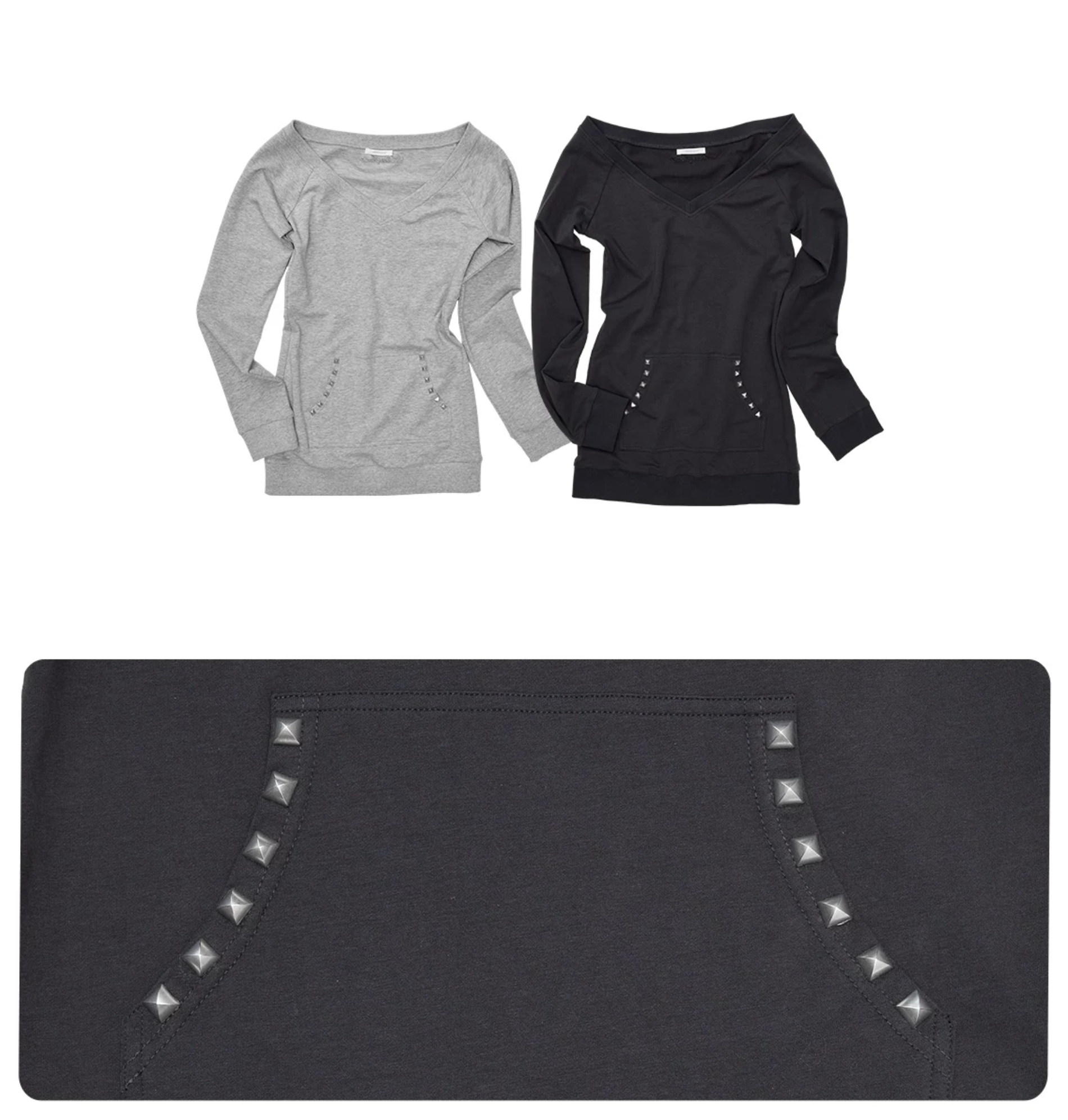 1JINN STUDDED V-NECK OFF-SHOULDER SWEATSHIRT TOP ♱ 2colors - Image 3