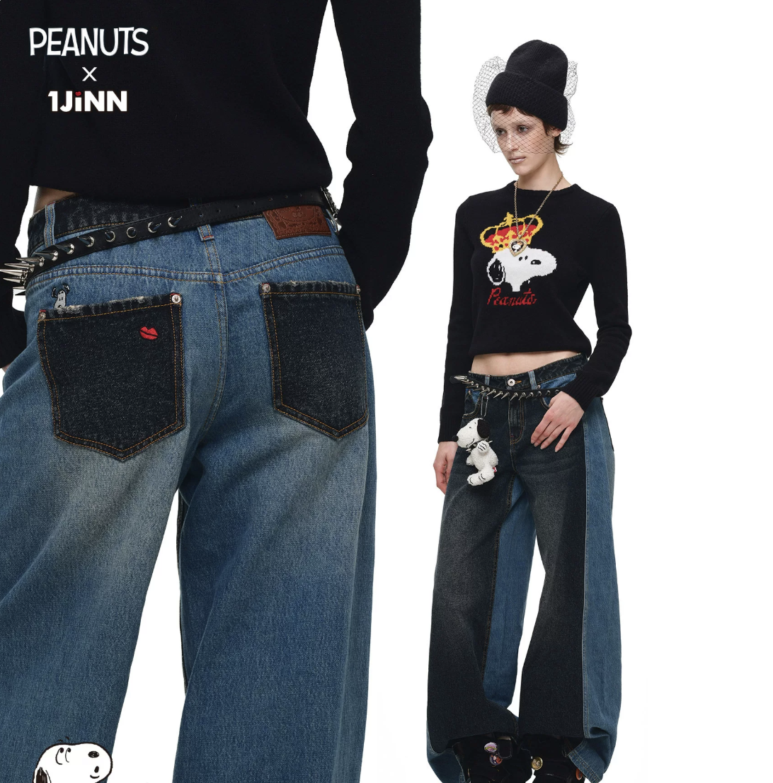 1JINN x SNOOPY ੯‧̀͡⬮ CONTRAST-PANEL EMBROIDERED STRAIGHT JEANS