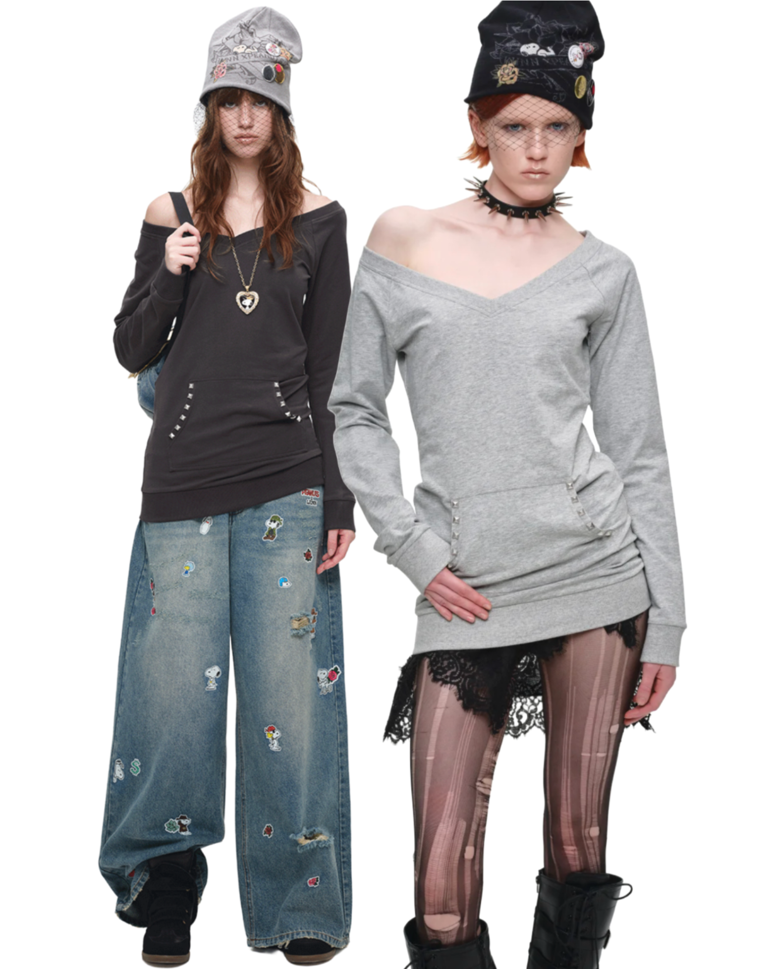 1JINN STUDDED V-NECK OFF-SHOULDER SWEATSHIRT TOP ♱ 2colors