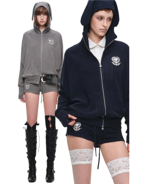 IN STOCK ♱ BUNNY EAR ZIP-UP HOODIE & DRAWSTRING MINI SHORTS SET - 2colors