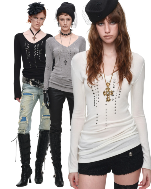 ♱ 1JINN STUDDED RHINESTONE V-NECK KNIT TOP ♱ 3colors
