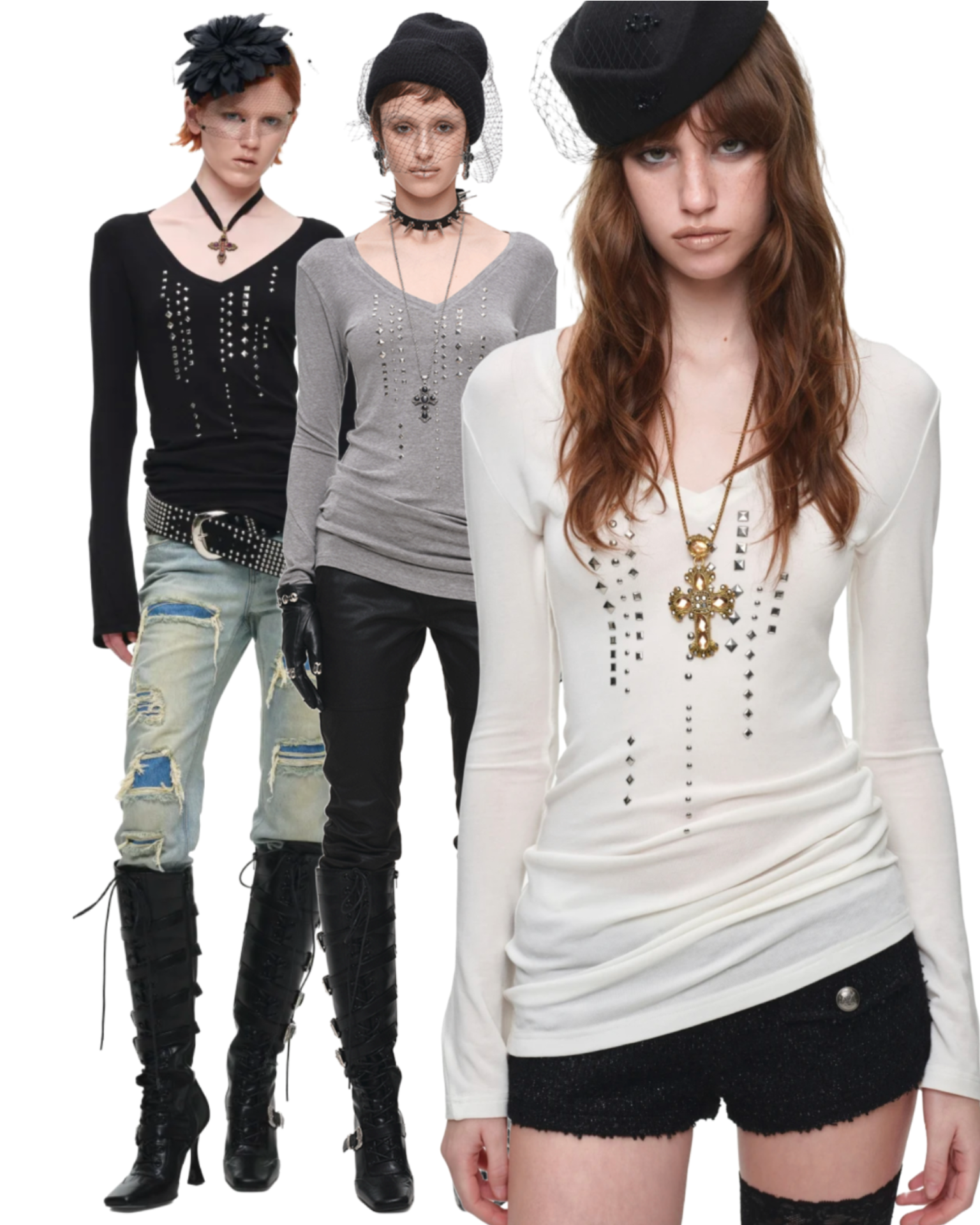 ♱ 1JINN STUDDED RHINESTONE V-NECK KNIT TOP ♱ 3colors