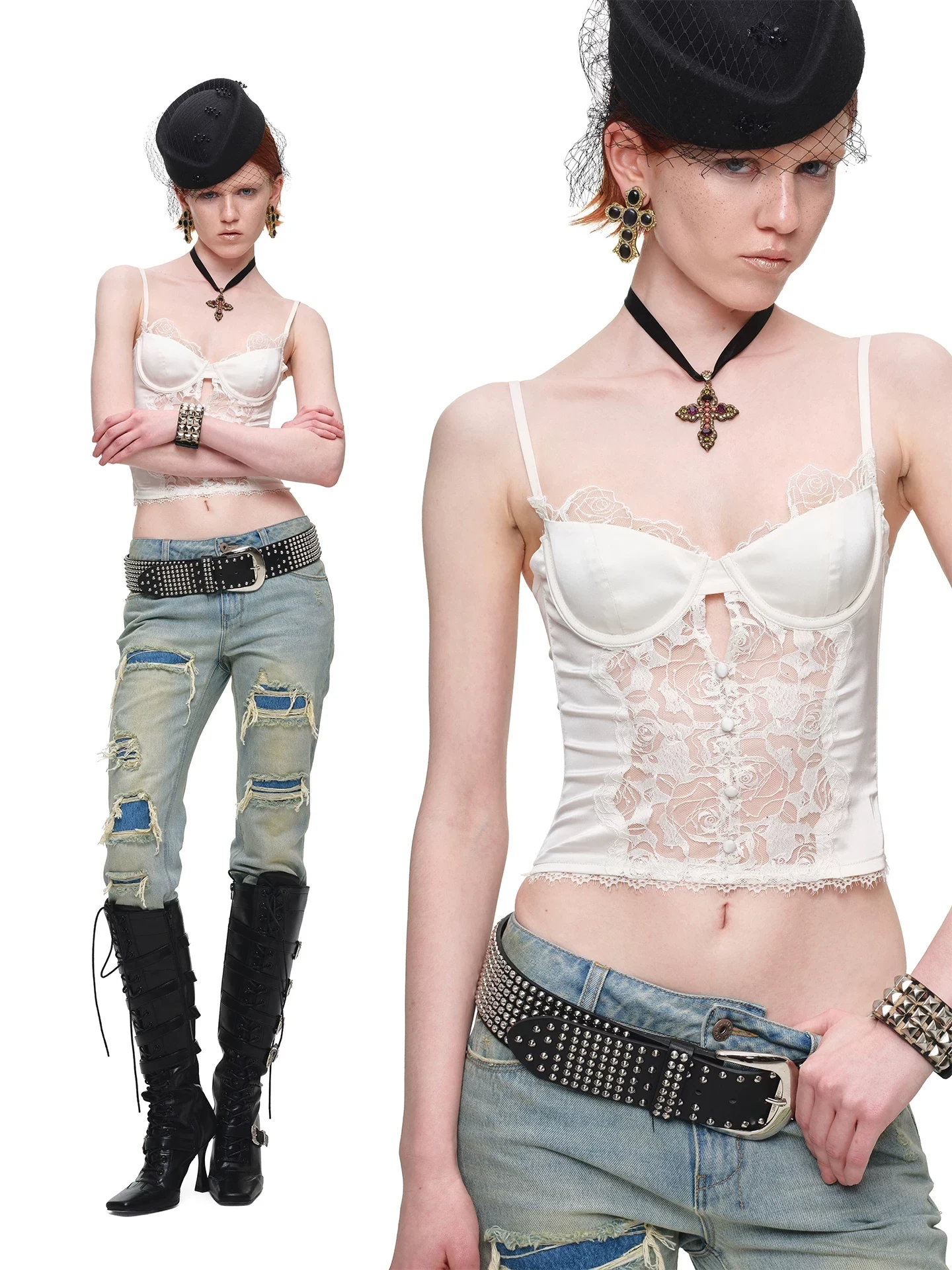 1Jinn Beaded Lace Satin Boned Corset Cami 1