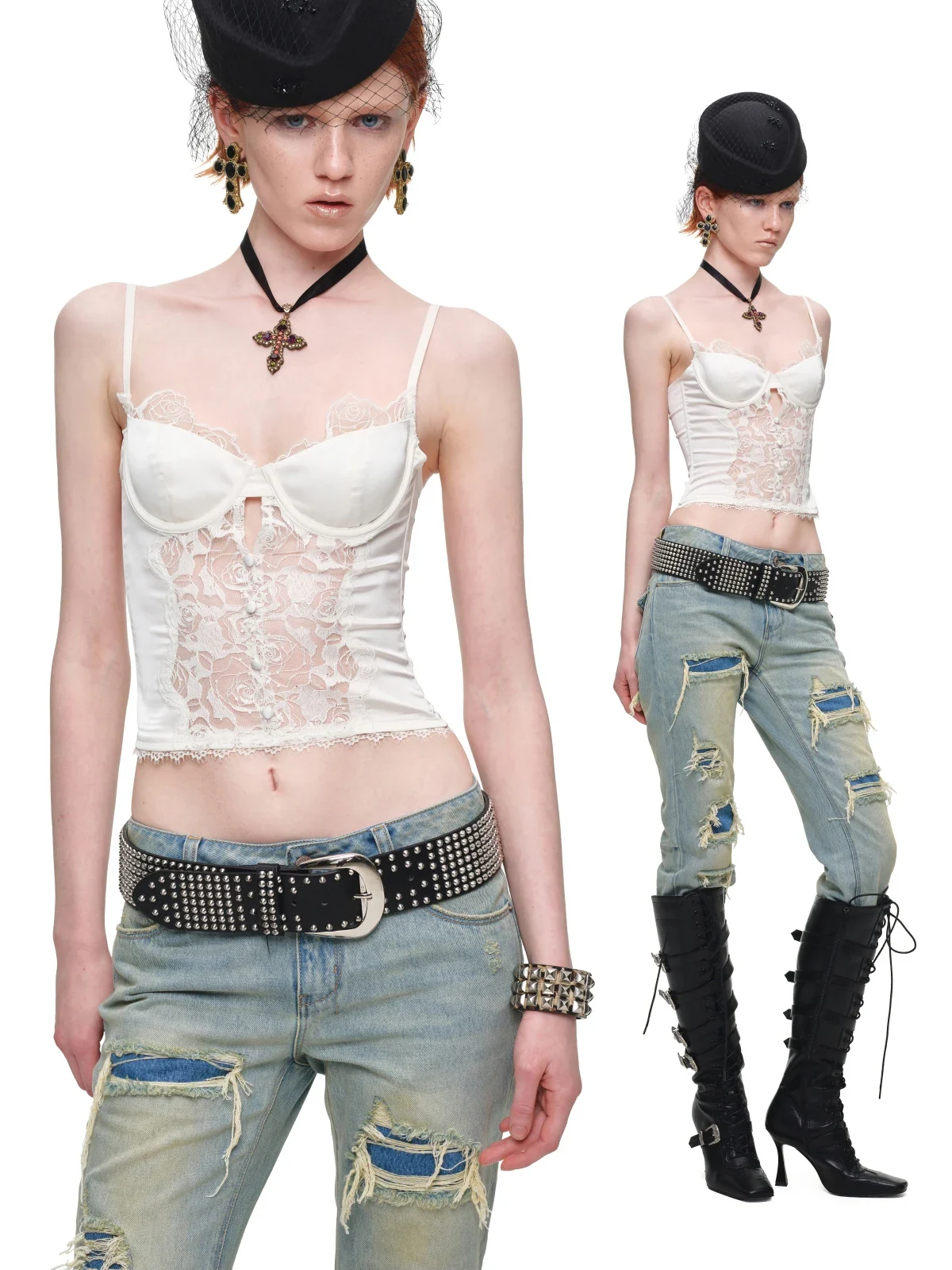 1Jinn Beaded Lace Satin Boned Corset Cami 14